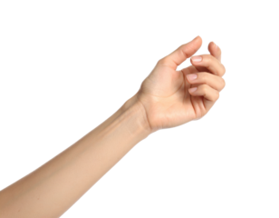 Elegant Caucasian female hand with fingers slightly curved isolated on transparent background. PNG die-cut for advertising