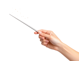Woman's hand holding a thin metal wand with sparkling magical dust emanating from its tip isolated on transparent background. PNG die-cut for advertising