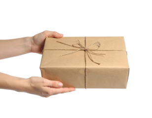 Hands Presenting A Brown Paper Wrapped Gift Box Tied With Twine On A isolated on transparent background. PNG die-cut for advertising