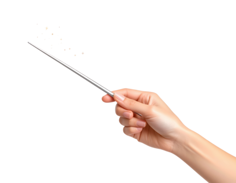 Woman's hand holding a thin metal wand with sparkling magical dust emanating from its tip isolated on transparent background. PNG die-cut for advertising
