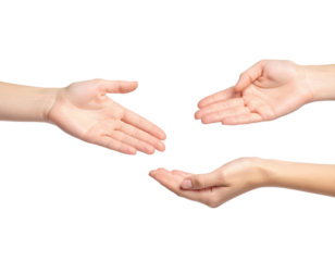 Three Open Hands Extended Reaching Towards Each Other isolated on transparent background. PNG die-cut for advertising