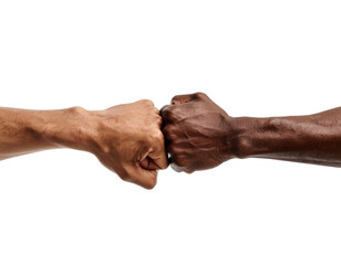 Two fists connecting one light skinned one dark skinned signifying unity and connection isolated on transparent background. PNG die-cut for advertising