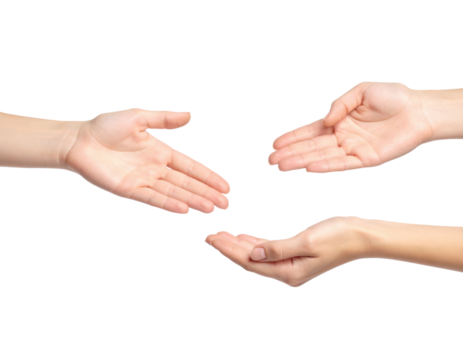 Three Open Hands Extended Reaching Towards Each Other isolated on transparent background. PNG die-cut for advertising