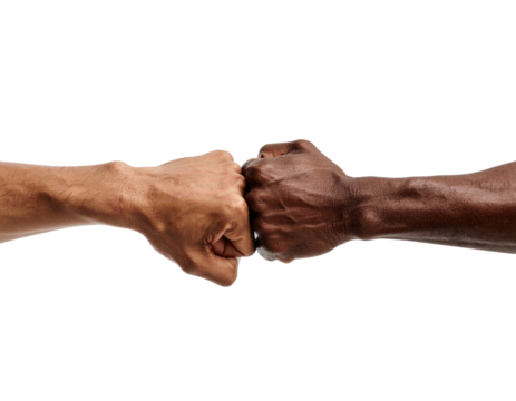 Two fists connecting one light skinned one dark skinned signifying unity and connection isolated on transparent background. PNG die-cut for advertising - Powered by Adobe