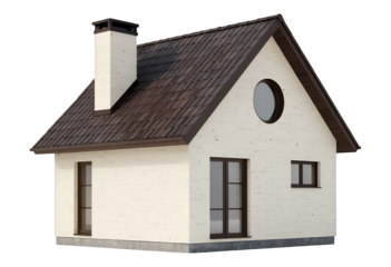 White Cottage with Brown Roof, 3D Realism Illustration with Transparent Background