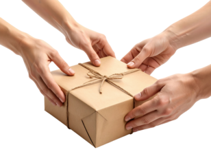 Multiple hands passing a brown paper wrapped gift box tied with twine isolated on transparent background. PNG die-cut for advertising