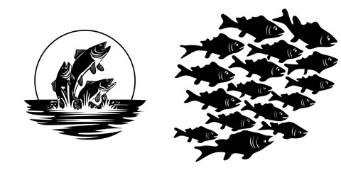 Logo template design featuring the silhouette of a jumping school of fish