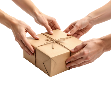 Multiple hands passing a brown paper wrapped gift box tied with twine isolated on transparent background. PNG die-cut for advertising