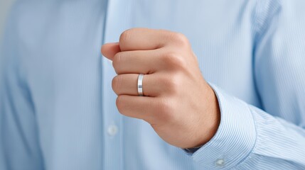 Trade negotiation, free trade agreement, A close-up of a man's hand making a fist, wearing a silver ring, dressed in a light blue striped shirt.