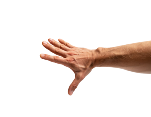 Man's outstretched hand with fingers spread isolated on transparent background. PNG die-cut for advertising