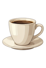 White Glossy Coffee Cup with Black Coffee, On Transparent Background, Minimalist Icon for Web Design