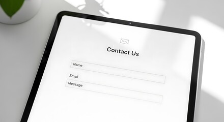 Close-up of a digital tablet showing a 'Contact Us' form on a modern, sunlit desk for business communication.