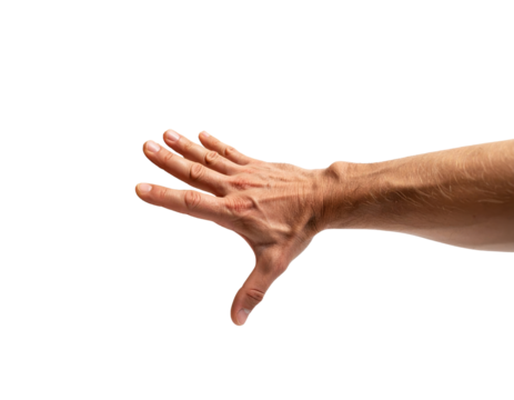 Man's outstretched hand with fingers spread isolated on transparent background. PNG die-cut for advertising