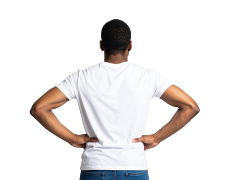 Man with hands on hips wearing a white t shirt and blue jeans facing away from camera isolated on transparent background. PNG die-cut for advertising
