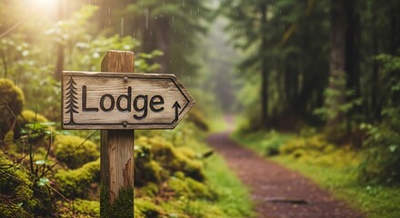 Rustic Lodge Signpost in a Lush, Rainy Forest with a Winding Path