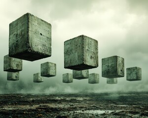 Floating concrete cubes in a misty, desolate landscape