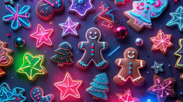 Christmas neon lights illuminating gingerbread cookies and festive decorations.