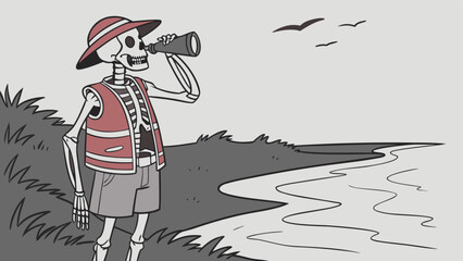 Skeleton in hat and vest looking through spyglass at birds over water and land with grass and plants
