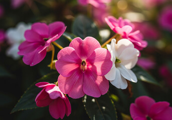 A close up view of pink and white impatiens flowers in bloom with green leaves in the background