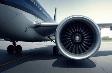 Commercial airplane engine with detailed view on runway during daytime