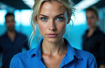 Fototapeta premium Woman with blonde hair and blue eyes looking directly at the camera in a professional setting with two blurred colleagues in the background