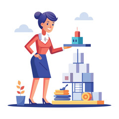 Confident Lady Boss Building Innovative Prototype Model in Office – Businesswoman Concept, Leadership, Product Development, Startup Innovation, Female Entrepreneur Vector Illustration