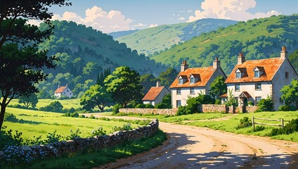 Picturesque anime style countryside cottages with stone walls and winding path in lush green valley