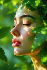 Woman in nature with eyes closed, face lit by sun through green leaves, evoking peace and harmony. Ideal for skincare ads, wellness posters, spa branding, and eco lifestyle campaigns.
