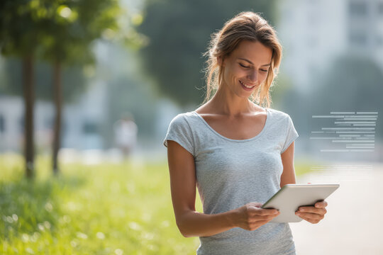 woman with tablet in sunny park is planning her workout routine using augmented reality to enhance her experience