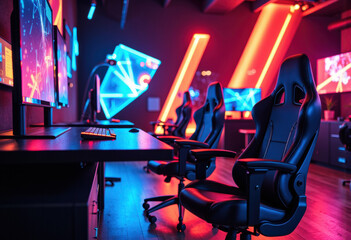 Gaming room with multiple high-back chairs and illuminated screens creating an immersive environment