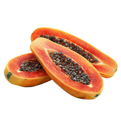 3D papaya sliced lengthwise, showing seeds and pulp, white background. PNG