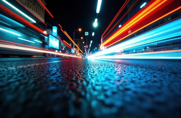 Dynamic long exposure city street at night with colorful light trails and illuminated signs