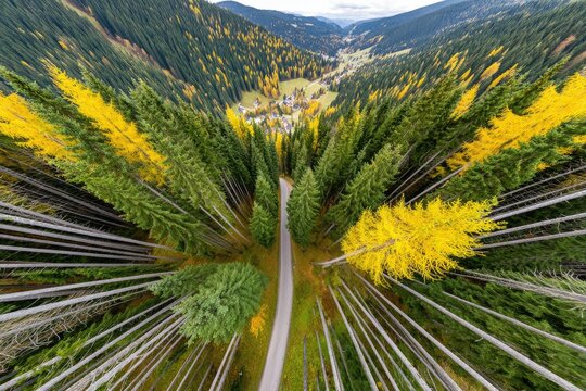 Autumnal mountain valley seen from above, winding road through dense forest - Powered by Adobe