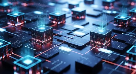 Obraz premium Futuristic Digital Network with Glowing Cubes and Data Stream Visualization