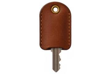 Leather key holder enveloping metal key, professional studio lighting revealing intricate detailing on minimalist transparent surface