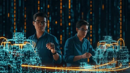 A focused young professional in a blue shirt interacts with holographic data visualizations showcasing advanced technology in a futuristic digital environment filled with glowing binary code - Powered by Adobe