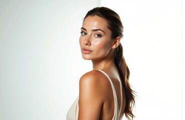 Fototapeta premium A woman with smooth skin and long brown hair looking over her shoulder in a studio setting