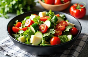 Colorful vegetable salad with cherry tomatoes, cucumber, cheese, and fresh herbs in a black bowl