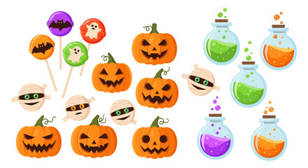 A festive assortment of cartoon Halloween elements, featuring spooky jack-o'-lanterns, fun lollipops, cute mummies, and colorful potion bottles, isolated on white.