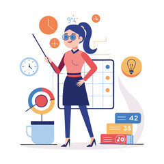 Confident Lady Boss Analyzing and Forecasting Next Quarter Goals with Strategic Planning, Business Growth, Leadership, and Success Vector Illustration for Corporate and Finance Use