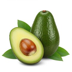 Whole and Halved Avocado with Green Leaves whole avocado