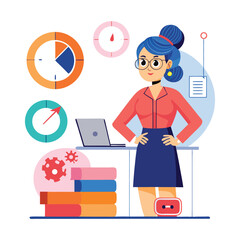 Confident Lady Boss Analyzing and Forecasting Next Quarter Goals with Strategic Planning, Business Growth, Leadership, and Success Vector Illustration for Corporate and Finance Use