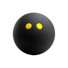 3D squash ball, matte black with two yellow dots, isolated on white background. PNG