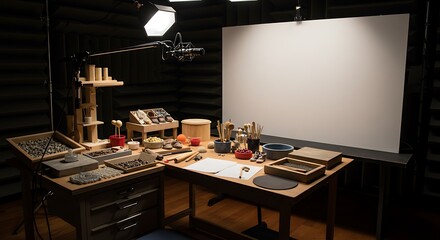 Foley artist's creative studio workspace with a professional microphone, soundproofed walls, and various props for sound effect production.