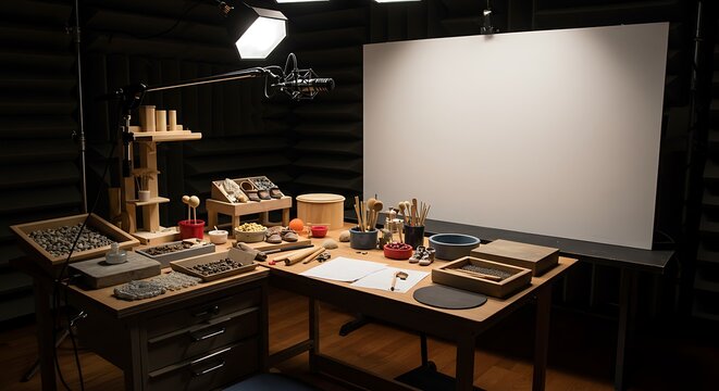 Foley artist's creative studio workspace with a professional microphone, soundproofed walls, and various props for sound effect production.