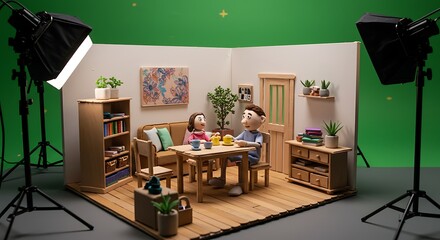 Behind the scenes concept of a stop motion animation production. Miniature set with puppet characters in front of a green screen in a film studio.