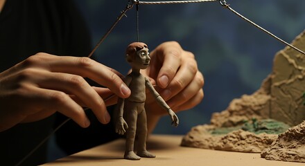 Hands of an animator carefully positioning a clay puppet for a stop-motion film production on a miniature set.