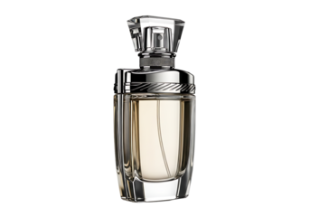 Elegant perfume bottle against a black background.