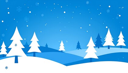 Stylized winter landscape scene with snow-covered hills and abstract trees