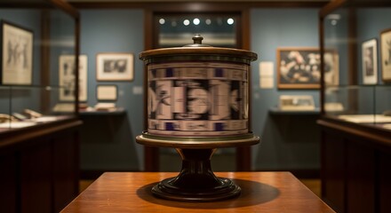 A classic vintage zoetrope spinning on a wooden pedestal, showcasing the history of early animation and pre-cinema technology in a museum exhibit.